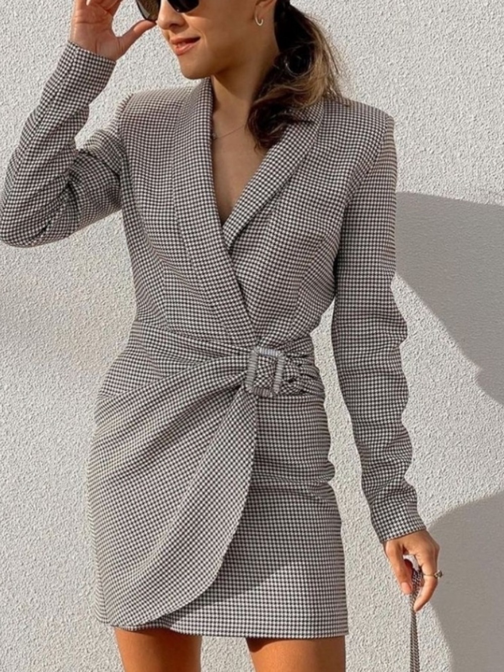 Zara Black & White Houndstooth Long Sleeve Blazer Dress with Buckle Size XS